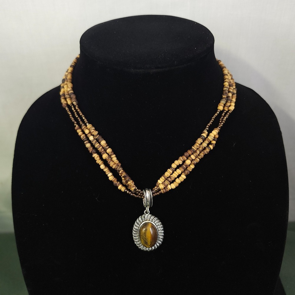 Vintage Avon SP Tiger‎ Eye Necklace w/ Wood & Seed Bead 3 Strand Brown